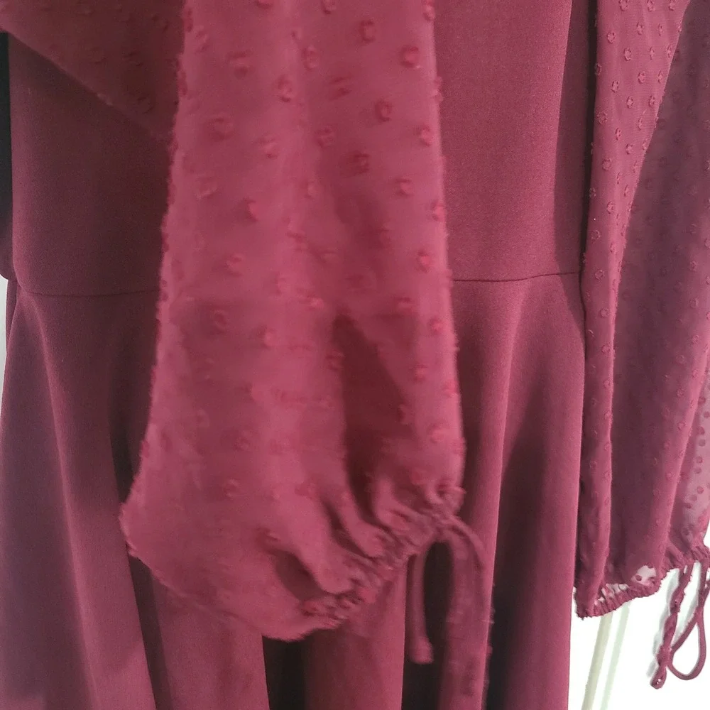 Girls Juniors Rare Editions Burgundy Swiss Dot Sheer Sleeve Skater Dress Size 16